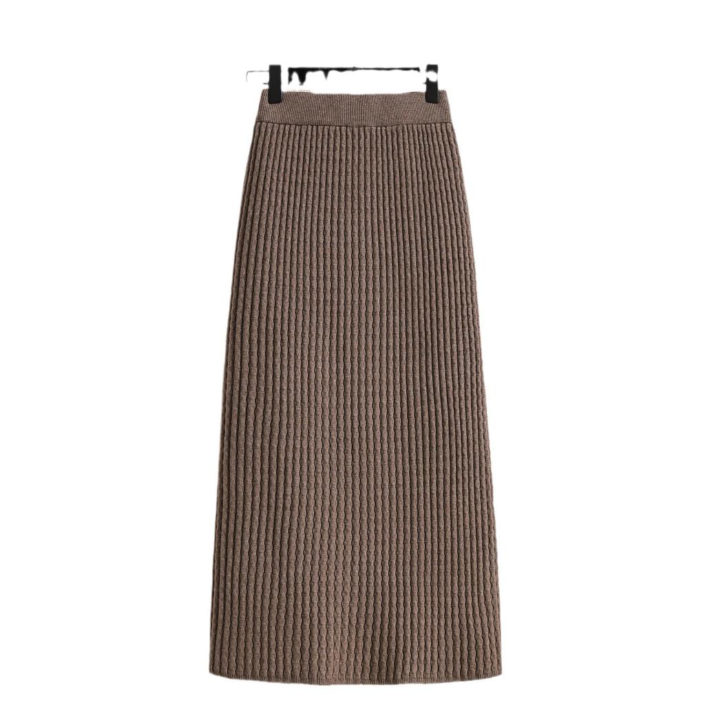 Dámská zimní pletená sukně velké velikosti pro plnější postavu, s vysokým pasem, zeštíhlující boky, zakrývající boky, univerzální, střední délky, rovná sukně