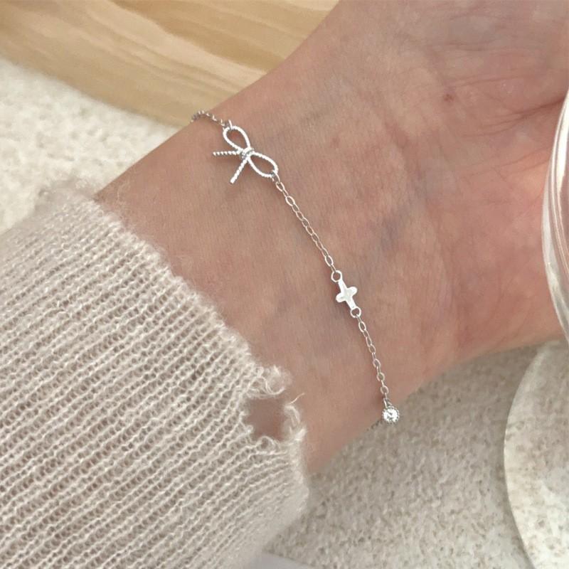 Sterling Bow Knot Bracelet Women Minimalist Cross Pendant Fashion Jewelry