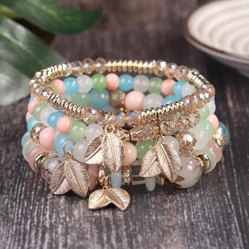 Bohemian Retro Beaded Bracelet with Leaf Pendant and Crystal Accents