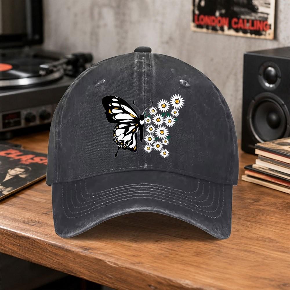Butterfly Daisy Vintage Baseball Cap Unisex Washed Cotton Hat for Outdoor Sports Daily Wear