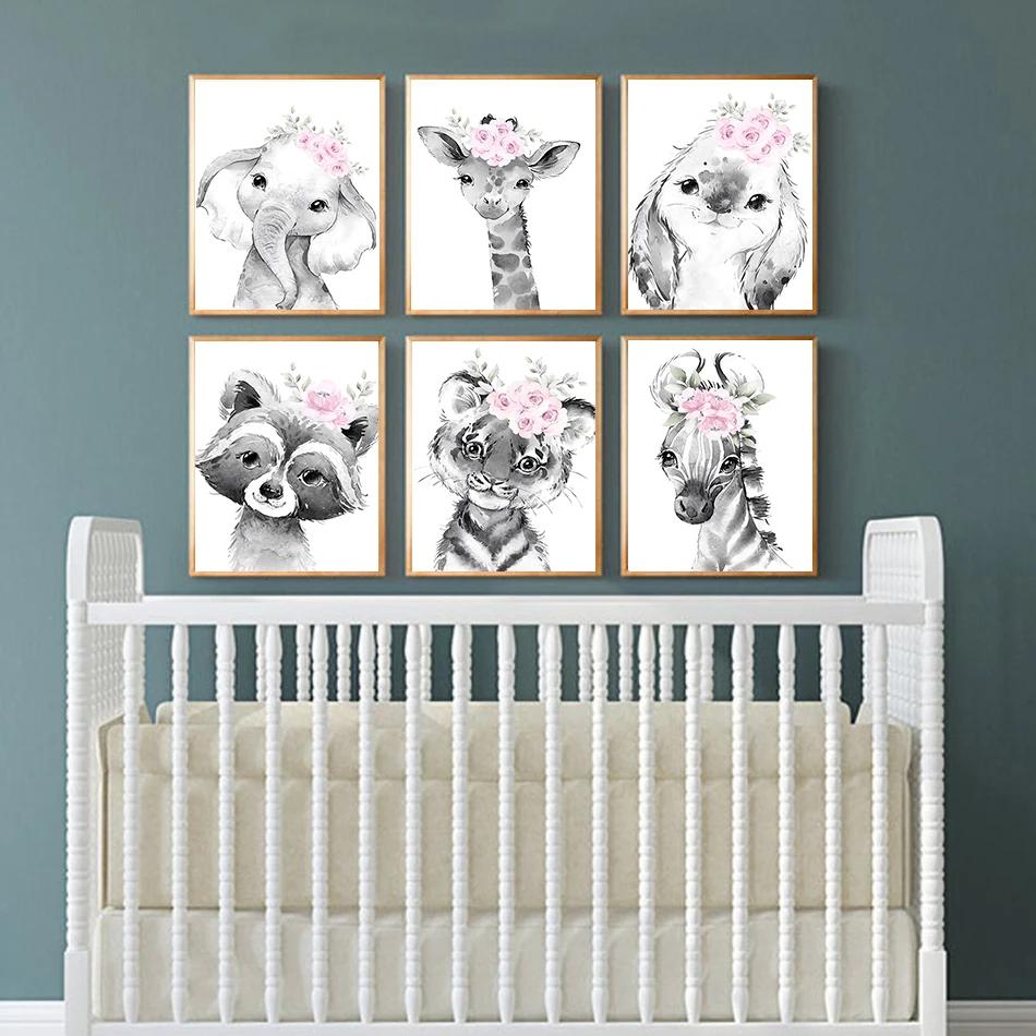 Canvas Painting Cartoon Animals Baby Nursery Pink Flower Lion Tiger Giraffe Poster Print Wall Art for Girls Bedroom Home Decor