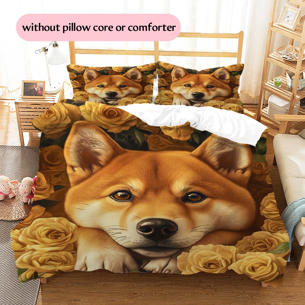 Shiba Inu and Rose Pattern Bedding Home Decoration Birthday Gift (1 * duvet cover + 2 * pillowcase, without core)