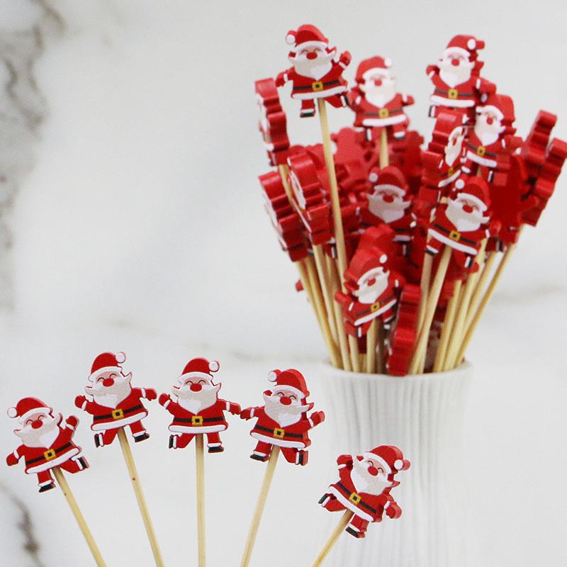 (100pcs/pack) 11.8cm Santa Claus Bamboo Skewers Disposable Toothpick Kitchen Accessories Dessert Fruit Christmas Party Wood