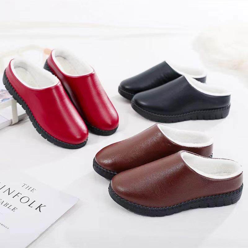 25 new winter women's cotton slippers home warm piled thickened pu waterproof soft sole non-slip middle-aged and elderly mother shoes