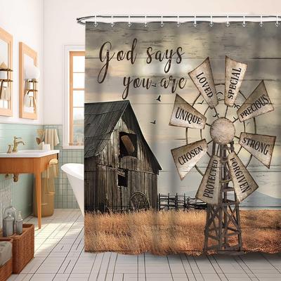 Western Barn Windmill Shower Curtain Sets for Bathroom,Rustic Inspirational Quotes Country Vintage Shower Curtains, Waterproof F