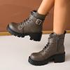 Fashion Women Ankle Boots Solid Chunky Heel Mid-Calf Boots Fashion Lace Up Shoes for Women Comfortable Luxury Buckle Strap Boots Women