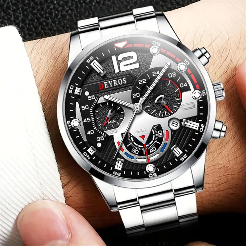 2pcs/3pcs/set, 1pc Fashion Men's Business Stainless Steel Strap Quartz Watch & 1pc Bracelet/2pcs Bracelets Set, Ideal Choice for Gifts