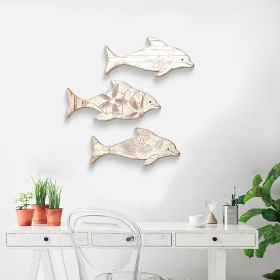 Yousheng 3Pcs/Set Wooden Dolphin Wall Decoration, Flowers Leaves Pattern Fish Wall Art for Beach, Lake House, Nautical Coastal Ocean Theme Hanging