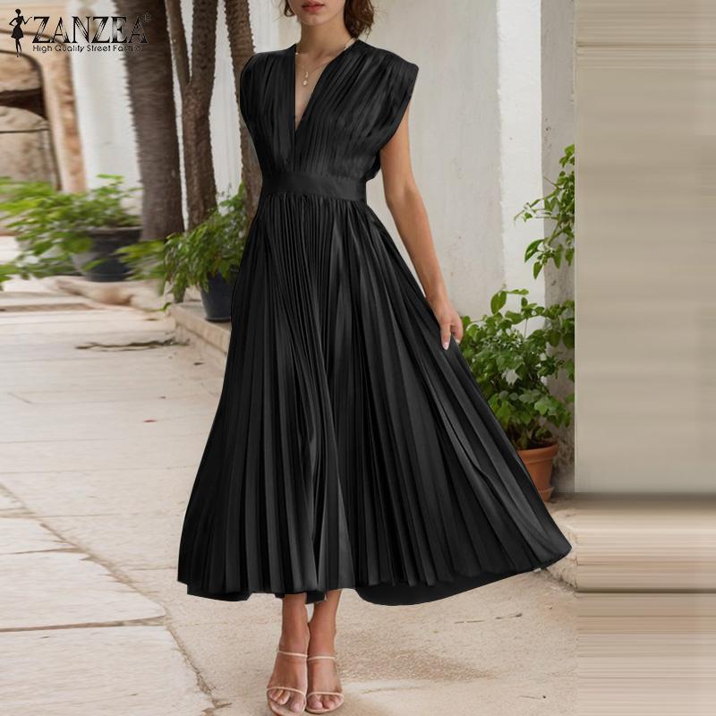 ZANZEA Women Summer Casual V-Neck Short Sleeve Loose Pleated Dress