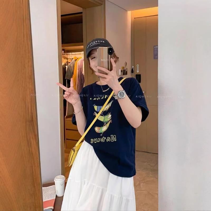 Damen Cartoon Banane Rundhals Kurzarm T-Shirt, Ein modisches, lockeres und lässiges Oberteil für den Sommer