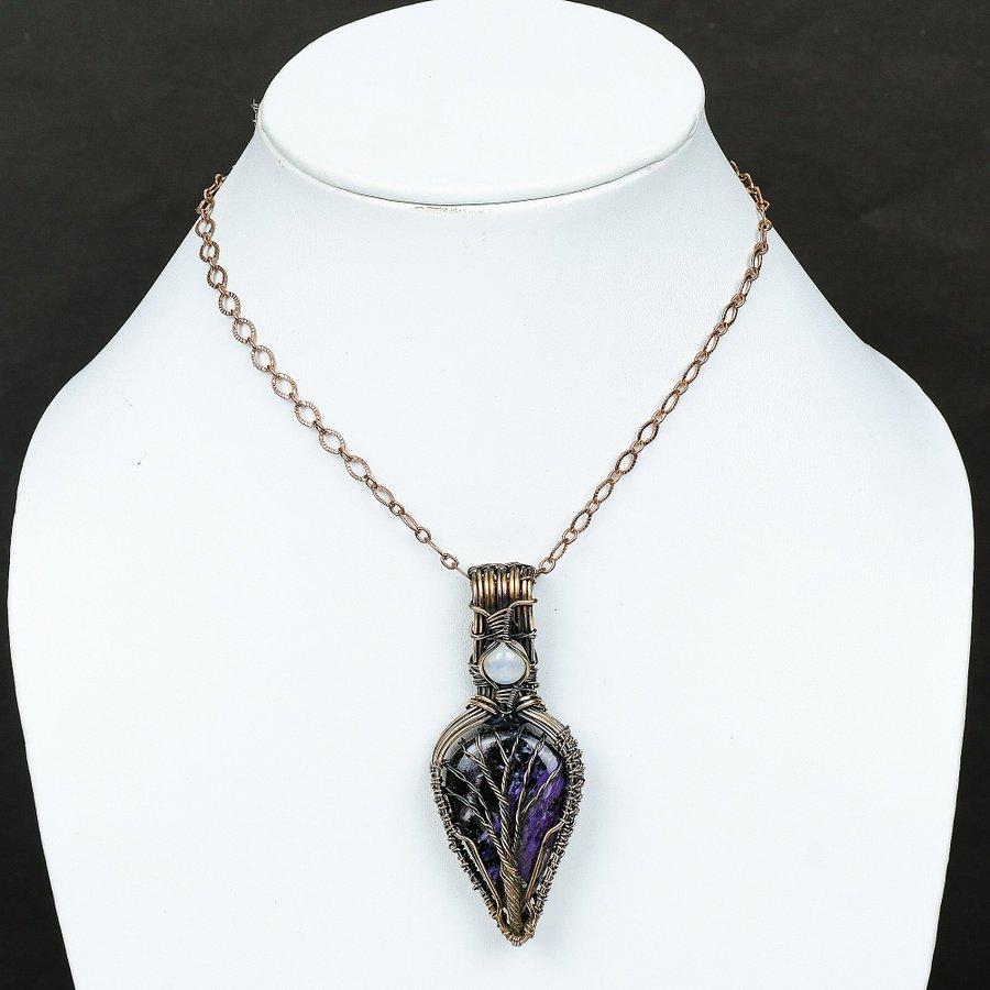 Russian Charoite, Moonstone Copper Wire Wrap Jewelry Pendant 2.76" i2f42