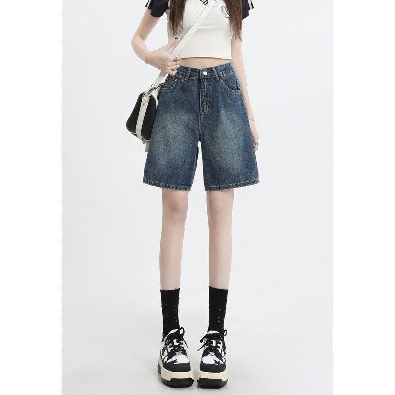 Women's High-Waisted Retro Denim Shorts - Trendy, Versatile, Slimming, Loose-Fit, Summer Five-Point Pants.