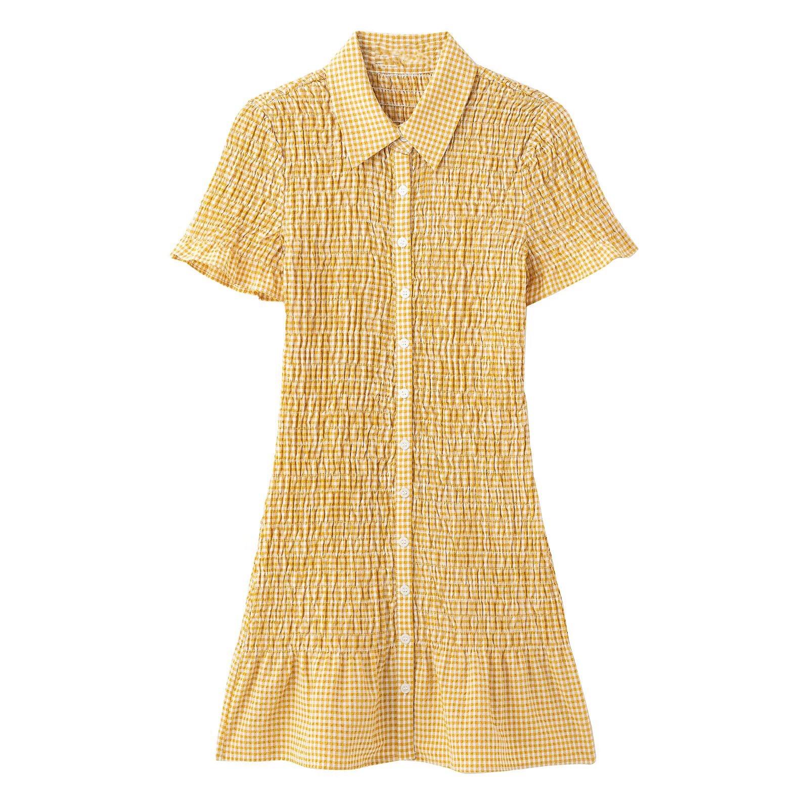 

2025 Spring Women s Slim Fit Turn-Down Collar Pleated Plaid Dress M
