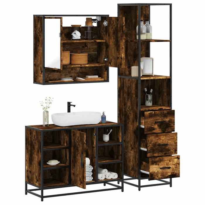 VidaXL Ensemble De Meubles De Salle De Bain 3 Pcs Chêne Fumé, Armoire De Salle De Bain, Armoire De Rangement De Toilette, 3301182