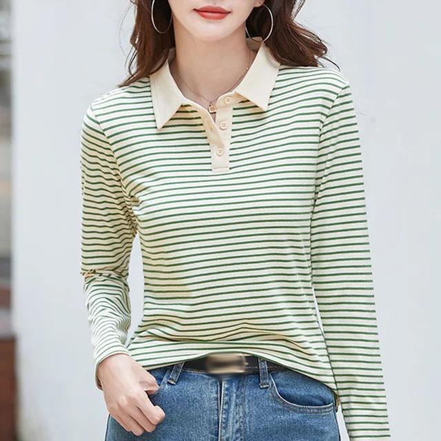 Ladies Casual Long Sleeve Striped POLO Collar Bottoming Shirt