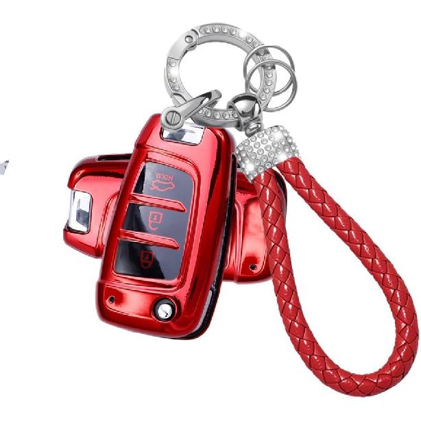 Key Fob Cover Case Compatible with Hyundai Venue Accent Kona SE Santa Fe Palisade Key Shell Protector with Bling Keychain 3 Button B Red