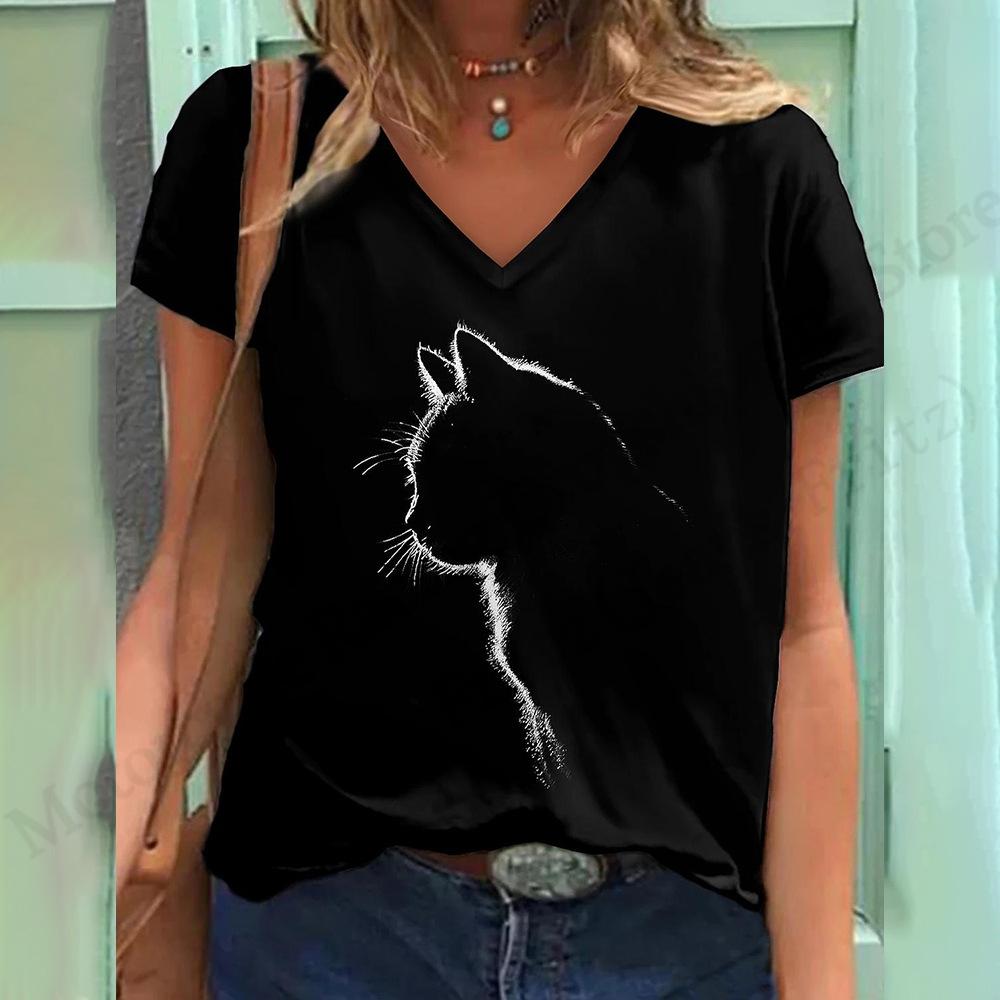 Summer V-neck 3D Cat Pattern Printed Top Fashionable Casual Short Sleeved Women's T-shirts