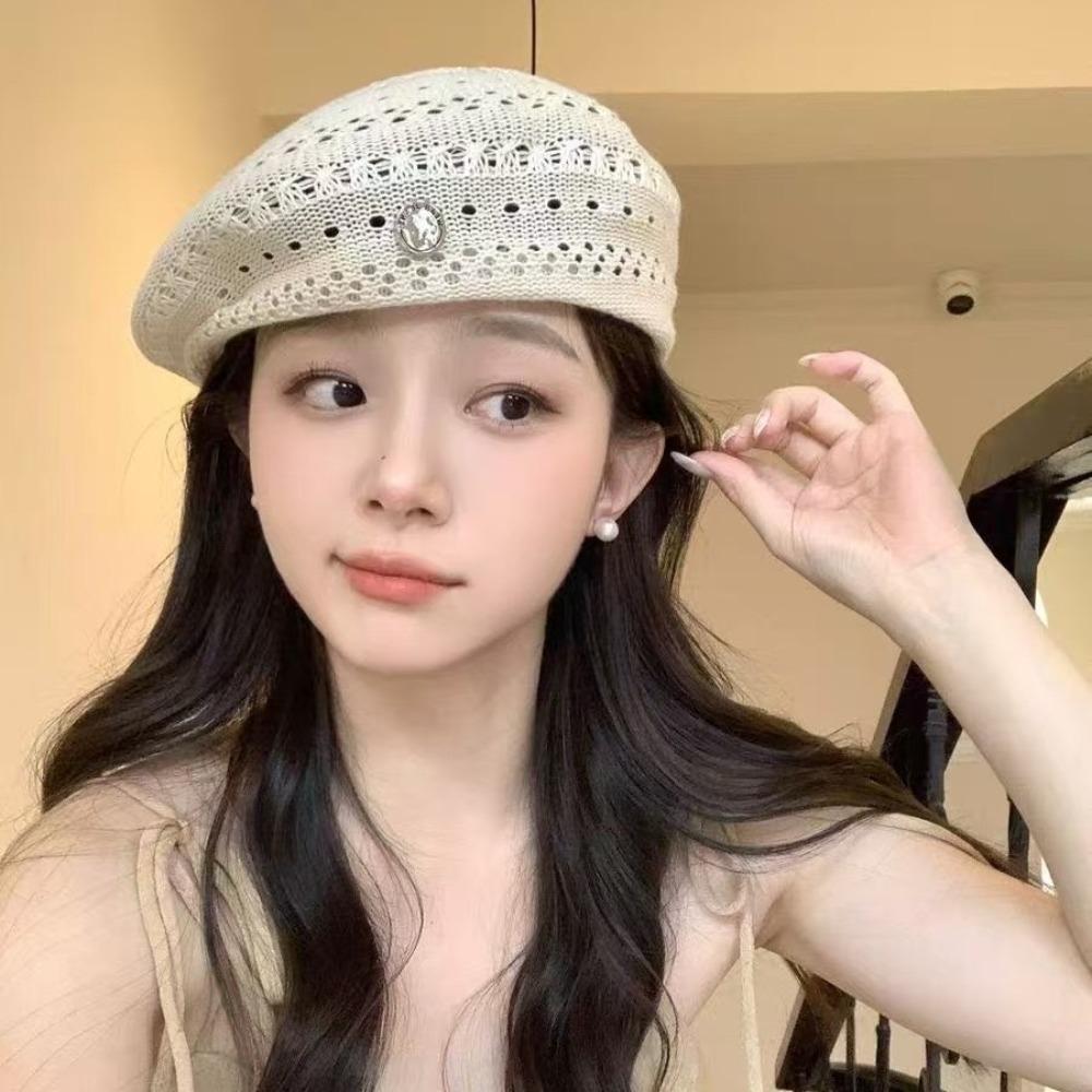 Japanese Style Hollowed Out Beret Hat Fresh Color Vintage Weave Painter Hat Thin Crochet Knitted Elegant Beach Cap Women Girls