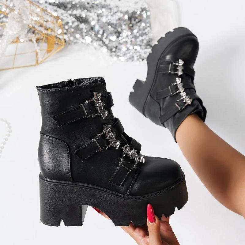Fashion Women Boots Fashion Mid Calf Leather Boot Street Punk Boots Motorcycle Ankle Boot 8cm Height Increasing Platform Boots for Women