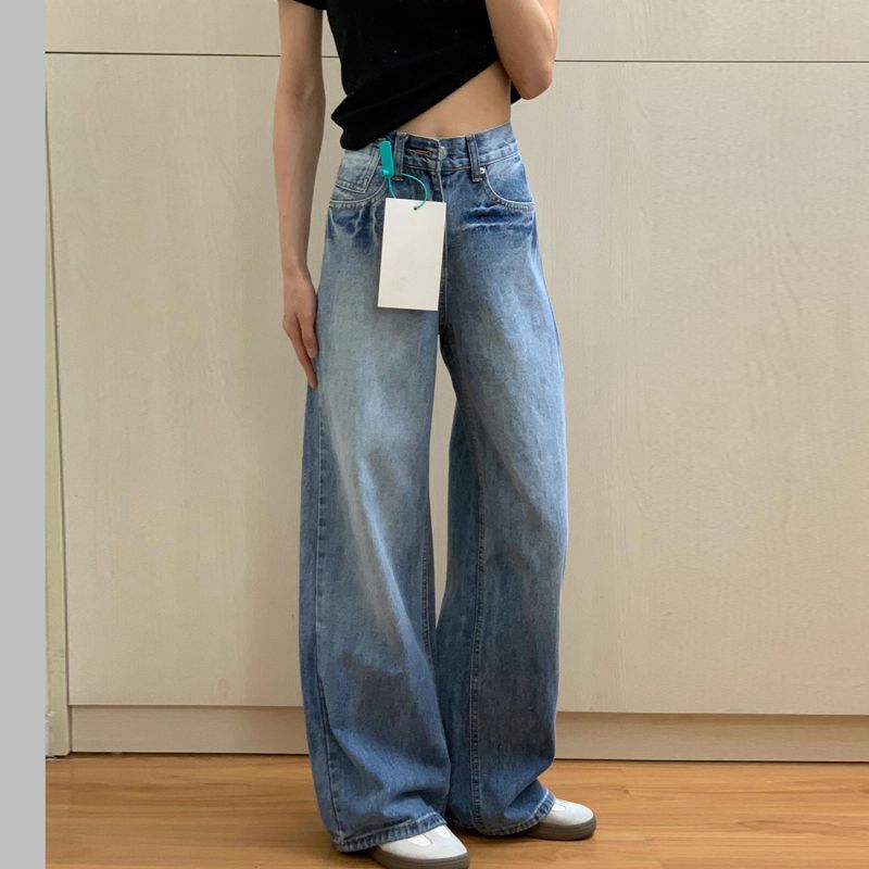 

American Retro Low Waist Washed Blue Wide Leg Denim Female 2025 Summer Loose Slim Looking Drape Straight Mopping Pants Blue pants 156-165 XL
