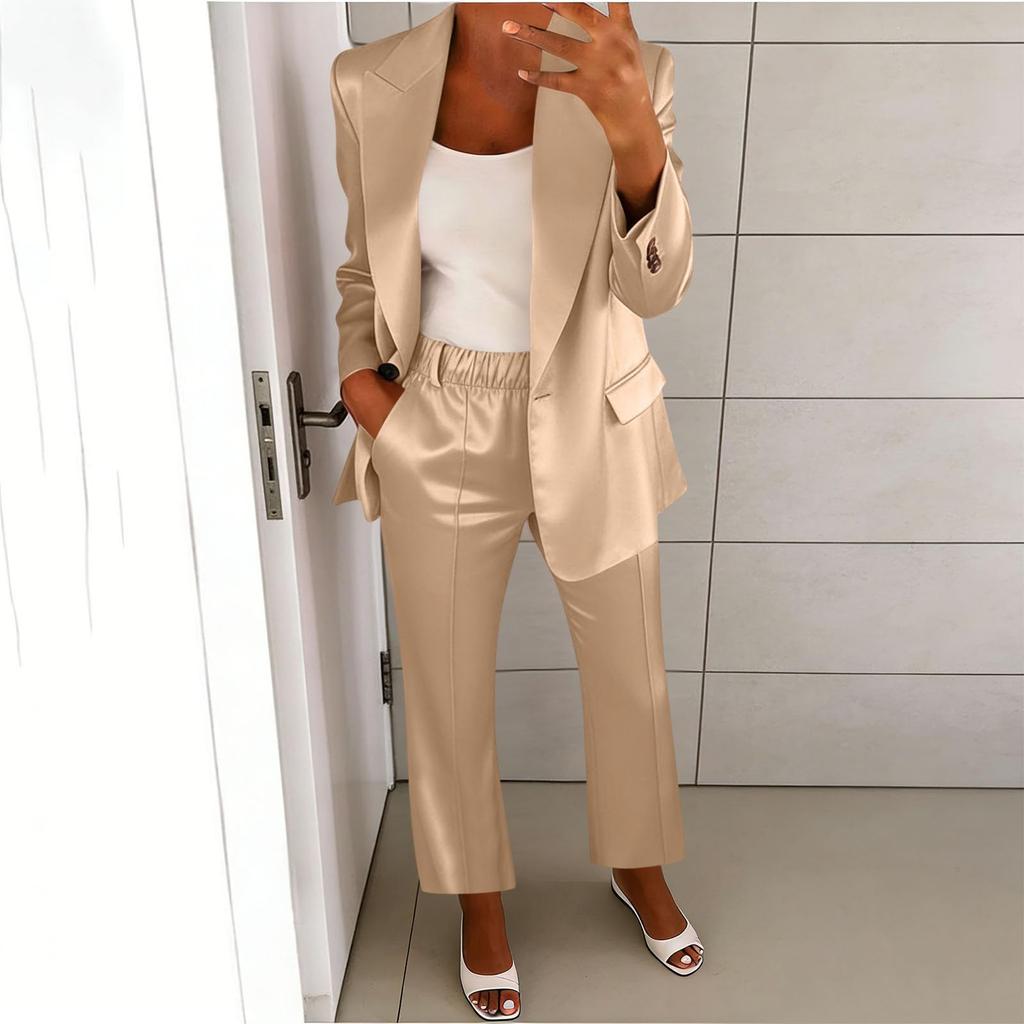 Damen Satin- und Hosen-Set - Langärmelige Reversjacke mit elastischer Taille Stoffhose für Business Casual