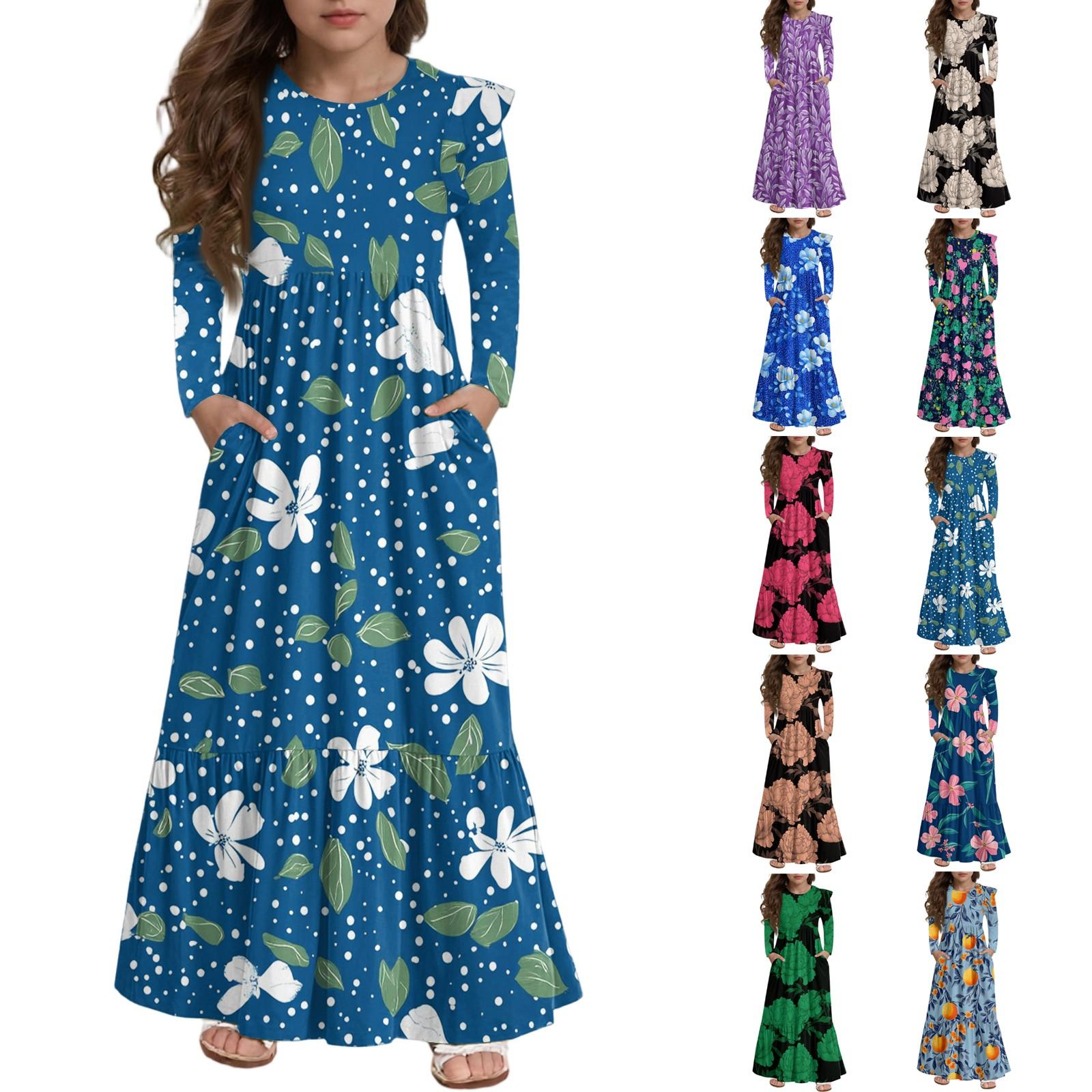 

Girls Tiered Ruffle Dress - Long Sleeve Printed Maxi With Pockets 110 бежевий