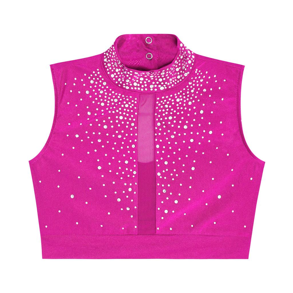 Girls Contemporary Modern Dance Top Mock Neck Sleeveless Keyhole Back Shiny Rhinestones Crop Top Performance Wear