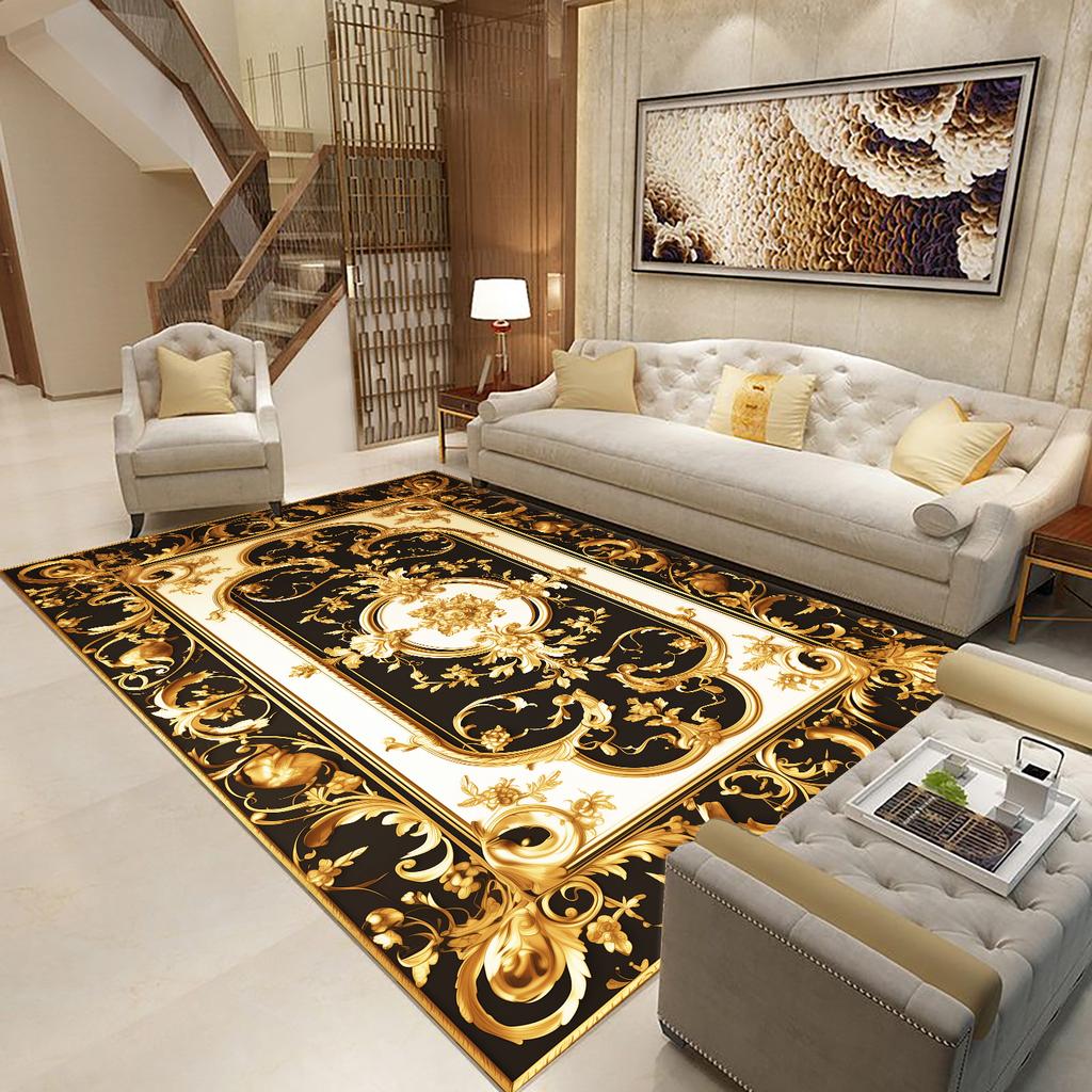 Goldener Schwarzer Teppich für Wohnzimmer Luxus Große Fläche Dekoration Bodenmatte Moderne Teppiche Rutschfest Weich Waschbar Schlafzimmer Lounge Teppich