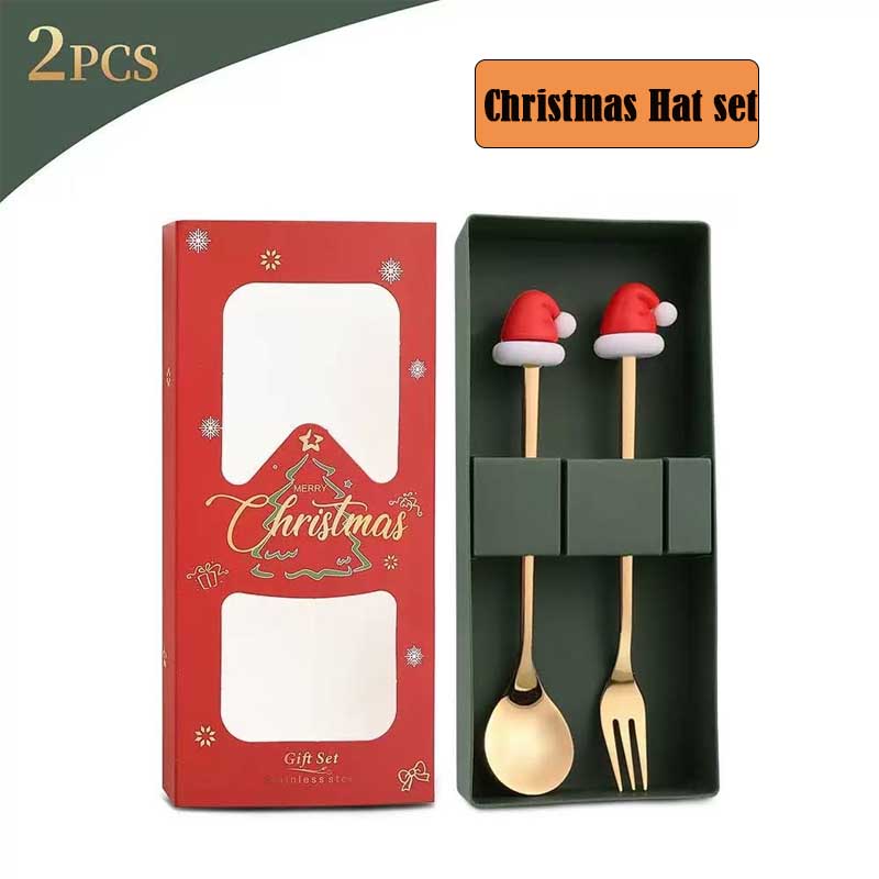 2PCS Stainless Steel Coffee Spoon Christmas Dessert Spoon Cake Fork Cartoon Christmas Tree Elk Spoon Fork Christmas Gift Box