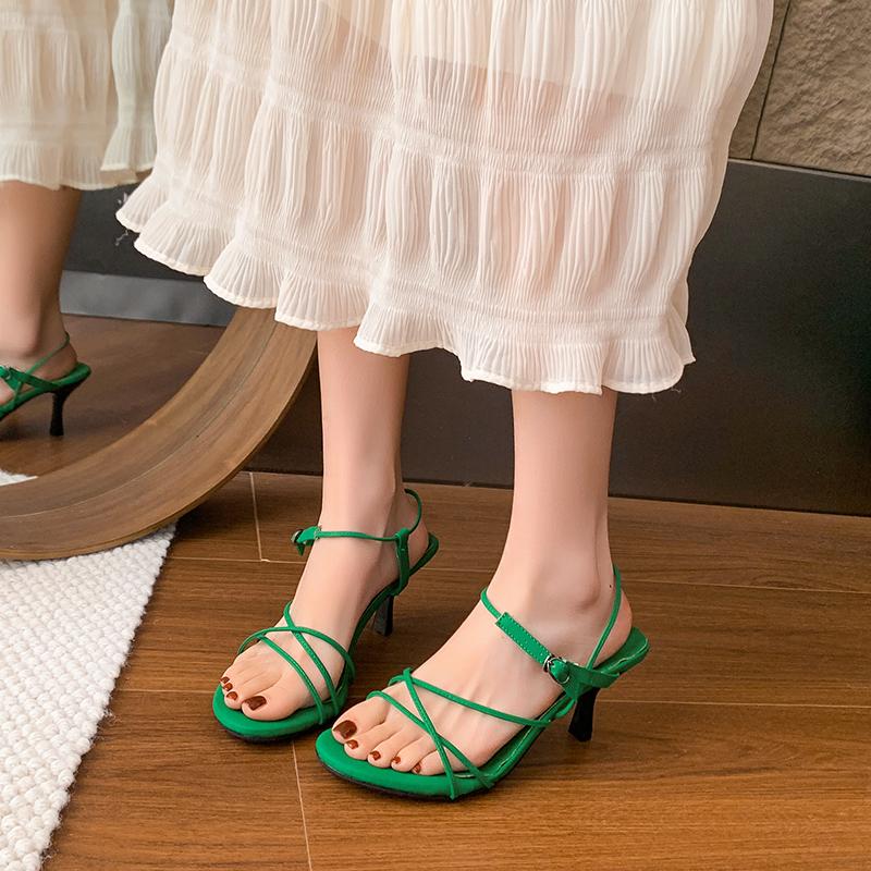 Plus Size Thin Strap Sandals New Round Toe Cross Thin Strap Slip-on Versatile Lightweight Non-Slip High Heels