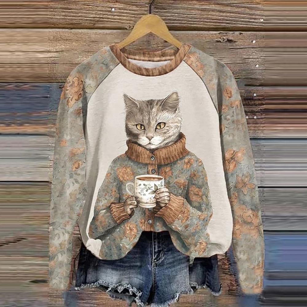 Cotton Long Sleeve T-Shirts For Women Funny Kawaii Cat Animals Print Sweatshirts Female Cute O-Neck Pullover Woman Sweatshirt
