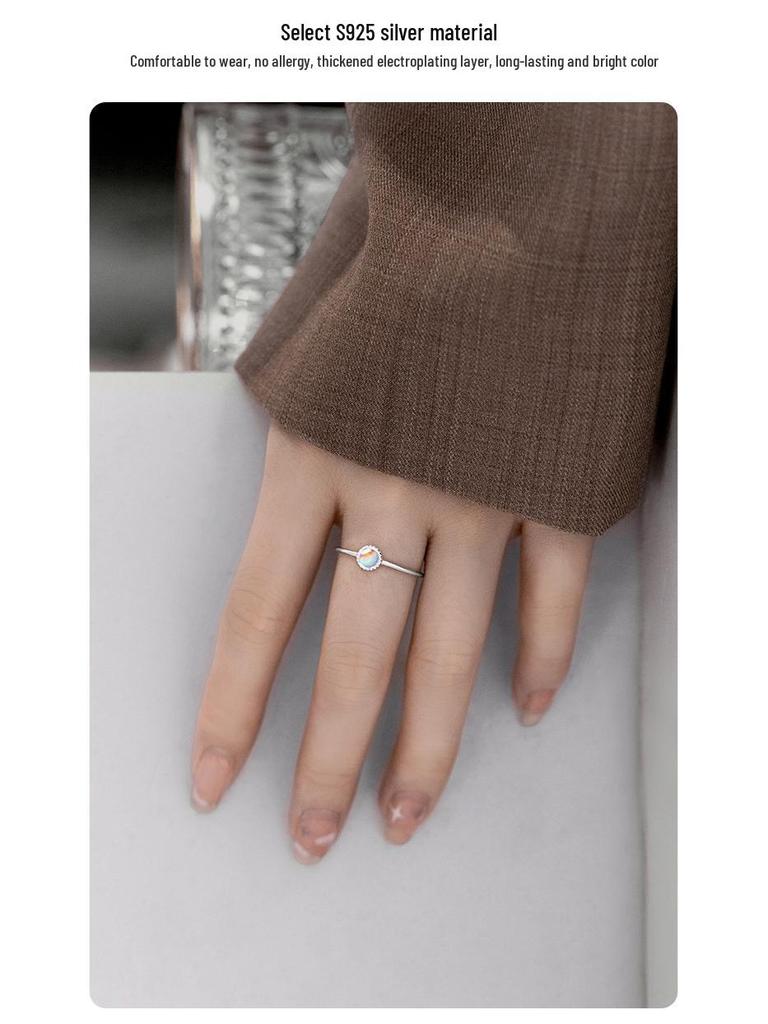Banyan Tree S925 Silver Adjustable Moonstone Ring for Women – Colorful, Minimalist Design with Thin Round Beads