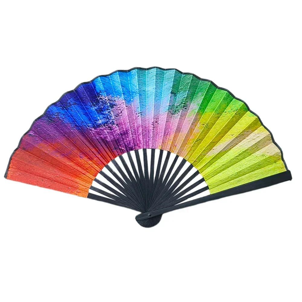 23cm Klassischer Faltfächer Druck Schwarzer Bambusknochen Fächer Handfächer Regenbogen Kühlender Handventilator Festival Performance Tanz Geschenke