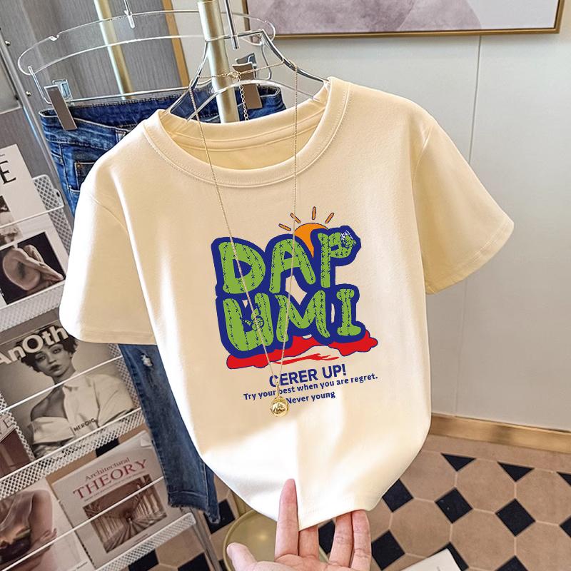 2025 Summer Cotton Crew Neck Shoulder Short Sleeve T-Shirt Women's Apricot Loose ins Tide Half Sleeve Top Versatile T-Shirt