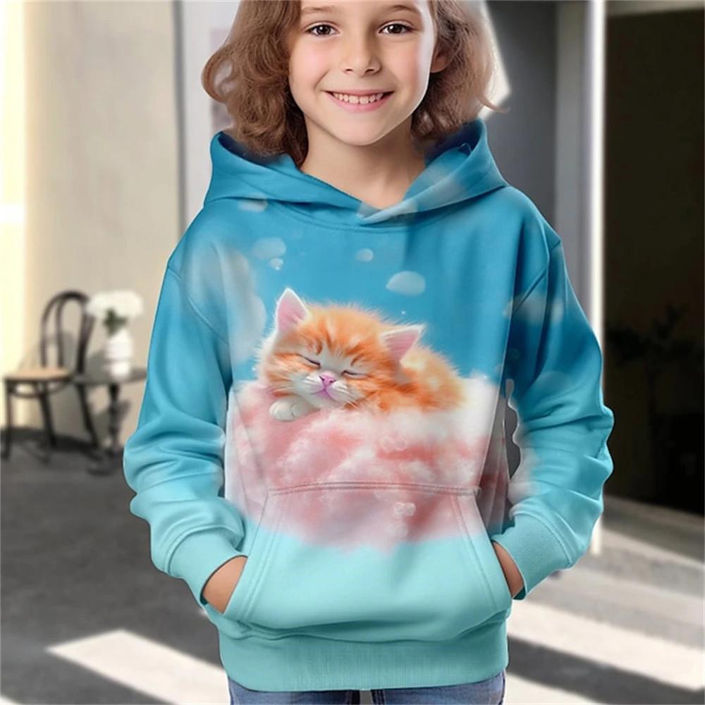Children Boys Girls Hoodie Tops Cat Print Spring Autumn Print Sweatshirt Toddler Leisure Outdoor Clothes Coat Clothing