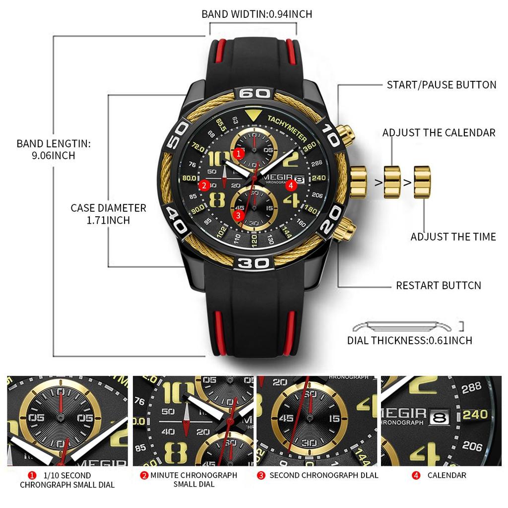 Megir Silikon Sportsklokke Herre Relogio Masculino Toppmerke Luksus Chronograph Army Military Watches Klokke Herre Quartz Armbåndsur