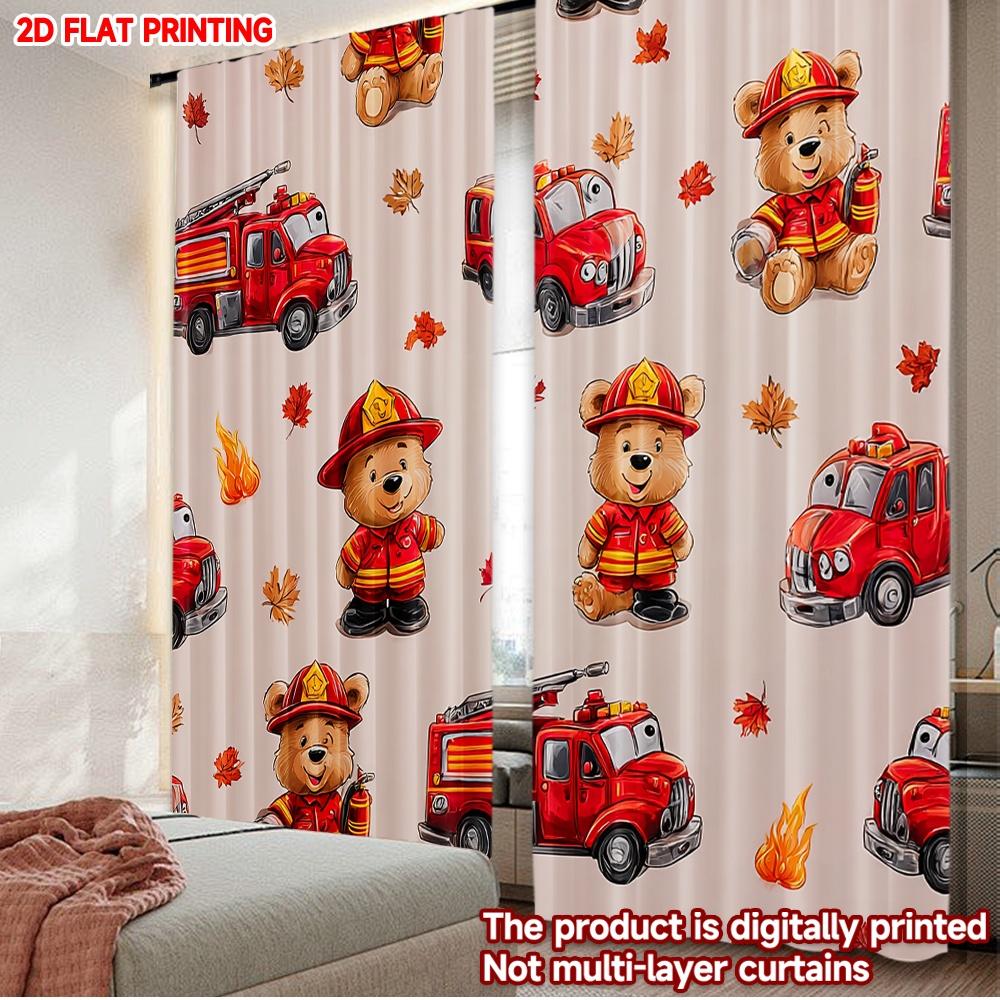 

2D flat printing 2pcs Party Window Curtains Cute Bear Firefighter Digital Printed Polyester Drapes Festive Holiday for Po 100*130 Rod Pocket 1pcs