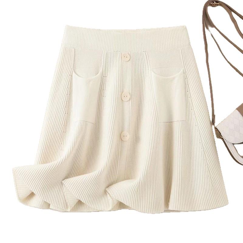 Damen Plus Size Koreanischer Stil Hohe Taille Elastischer Strick A-Linie Kurzer Rock - Schlankmachendes Design mit Strukturierter Oberfläche