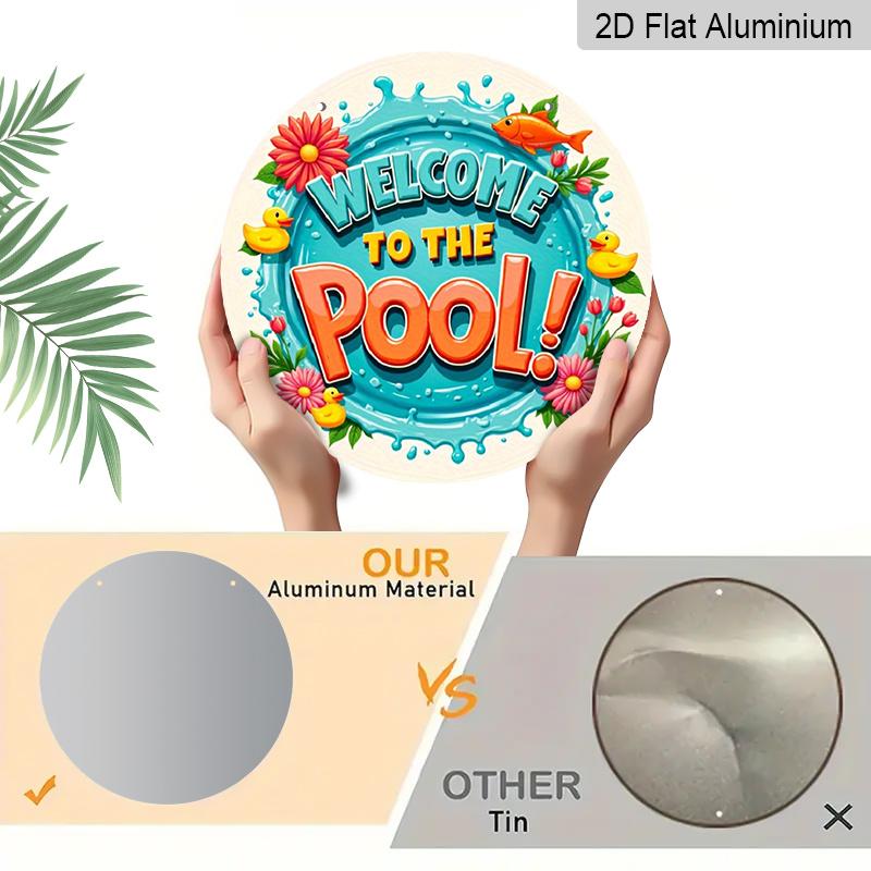 2D Flach, 1 Stück Runde Aluminium "Willkommen am Pool" Schild, Niedliche Gummi-Ente & Floraler Wasserspritzer Metallschild, Helles Buntes Sommerdesign, Idee für