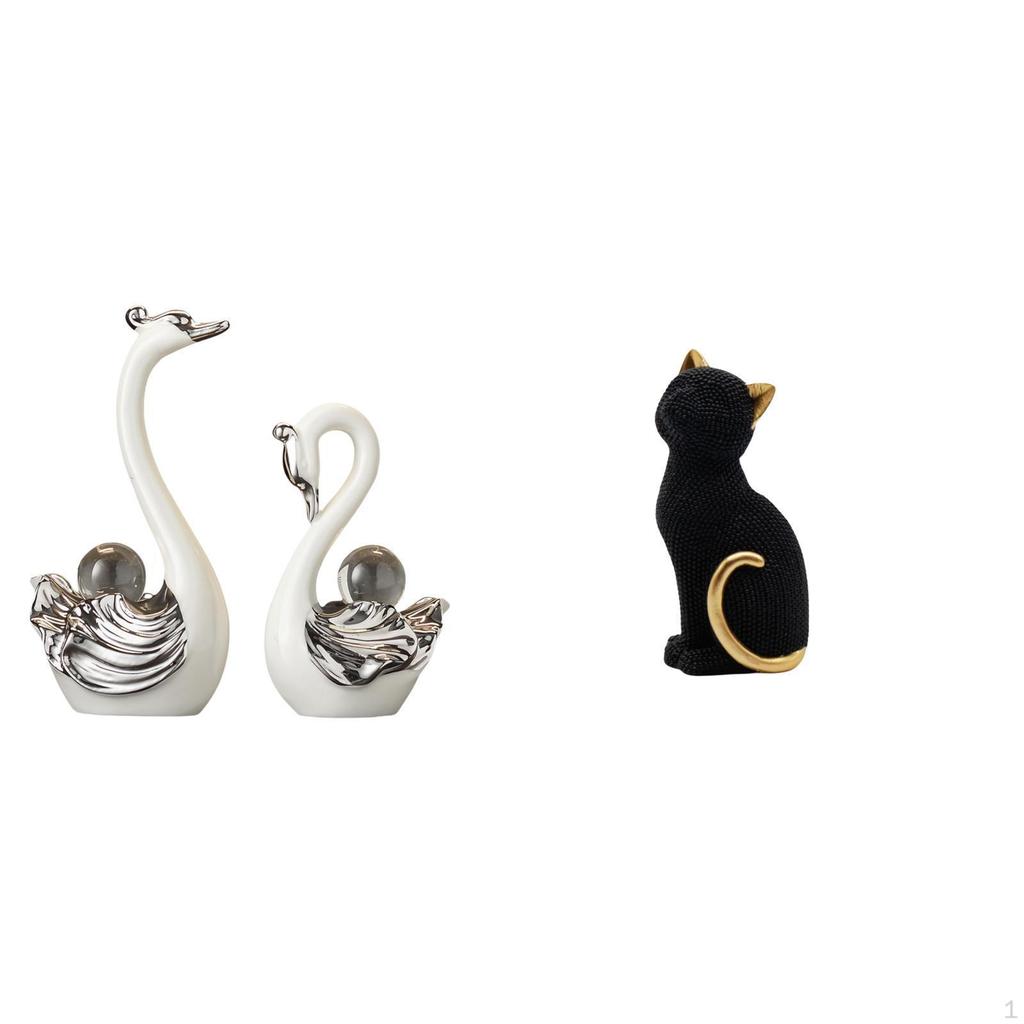 Porcelain Swan Cat Figurine Collection Resin Animal Sculpture Decorative Ornament for Living Room