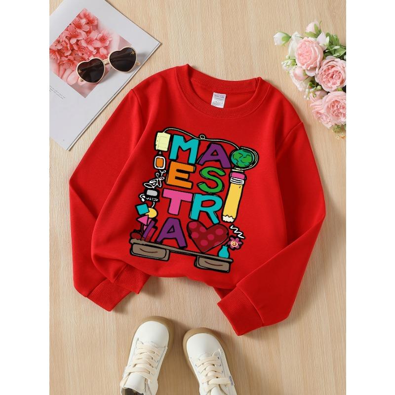 European sizes Kids Sweatshirts, Girls' Autumn Winter Colorful Teacher Word Art Print Long Sleeve Round Neck Sweatshirt, Casual Daily Wear.