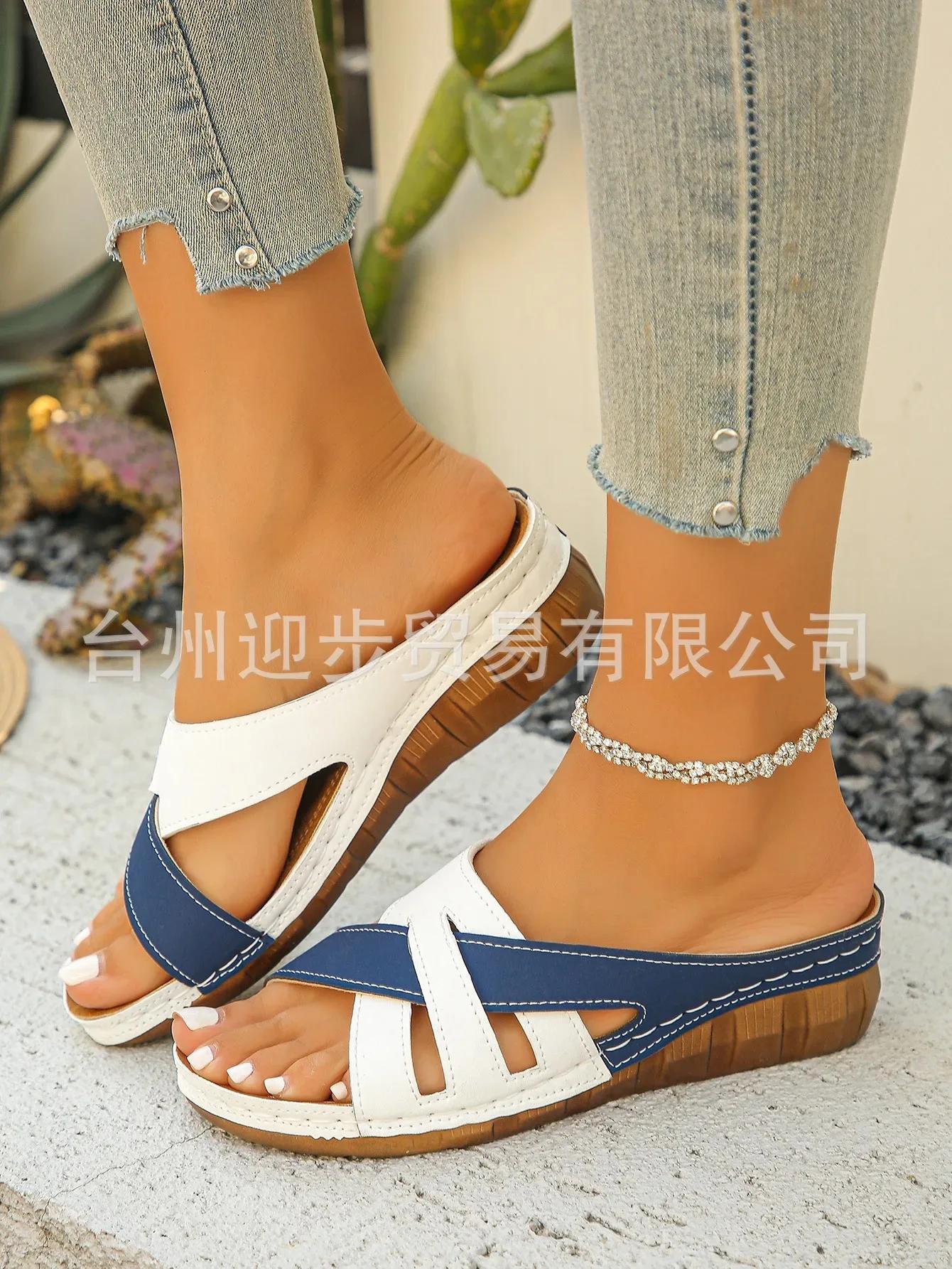 

Fashion 2025 Summer New Color Blocked Fashion Women s Thick Bottom Slope Heel Slippers Outdoor Women s Sandals Summer Women Shoes 43