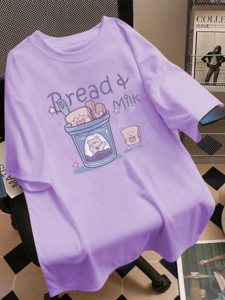 Japanese Cute Plus Size Purple Printed Cotton T-Shirt for Women - Loose, Short Sleeve, Summer Style