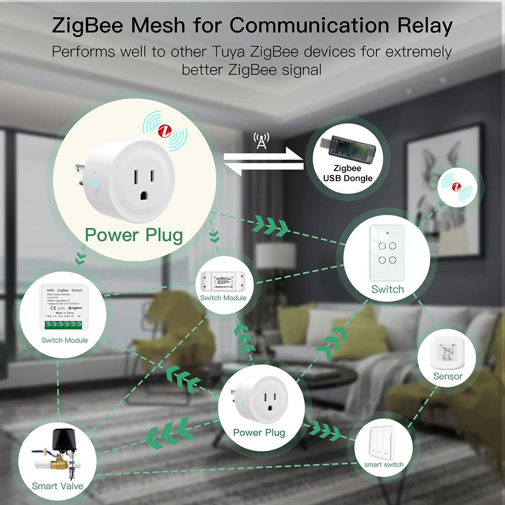 Tuya Zigbee Smart Plug US Mini Smart Socket 20A Wireless Home Outlet with Energy Monitor Works with Alexa Google Home Assistant