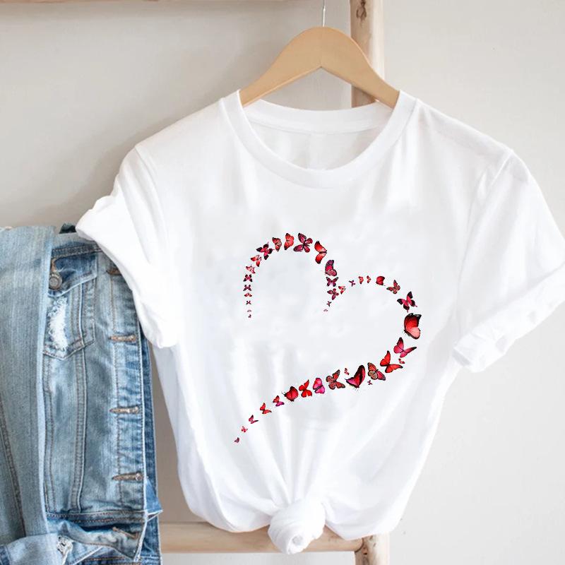 Summer Printed Floral Heart Pattern Base Shirt with White Letters Simple Pure Cotton Short Sleeved Women's T-Shirts Women’s