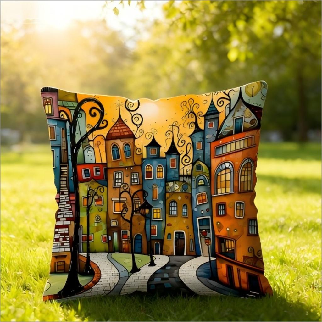 Whimsical Colorful Cityscape Pillow Cover Cartoon Fairy Tale Town Print Cushion Case For Sofa Couch Boho Eclectic Home Decor