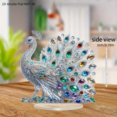 Decoração de mesa pavão de cristal plano 2D - 7,8x7,8 polegadas decoração de mesa acrílica com pedras preciosas coloridas, ornamento de decoração elegante para casa e escritório
