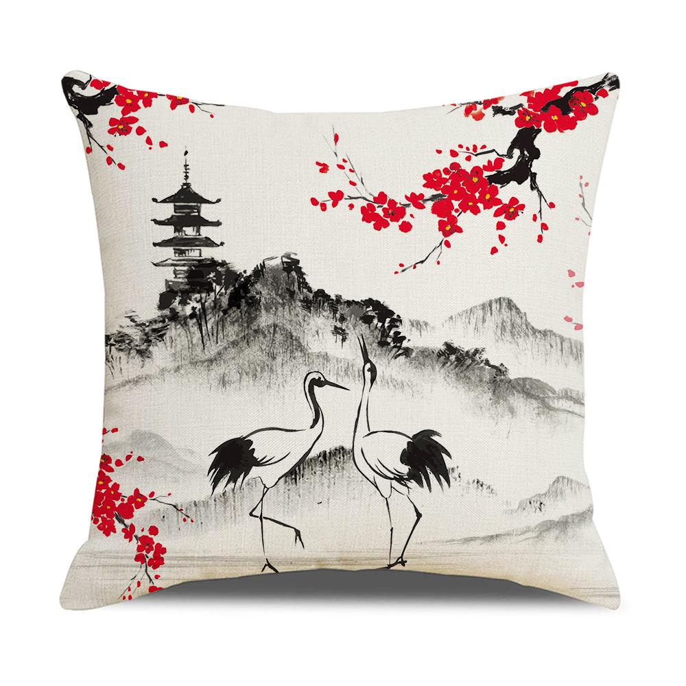 New Chinese Style Linen Pillowcase Ink Painting Landscape Digital Printing Cushion Cover Sofa Living Room Bedroom Cushion Cover