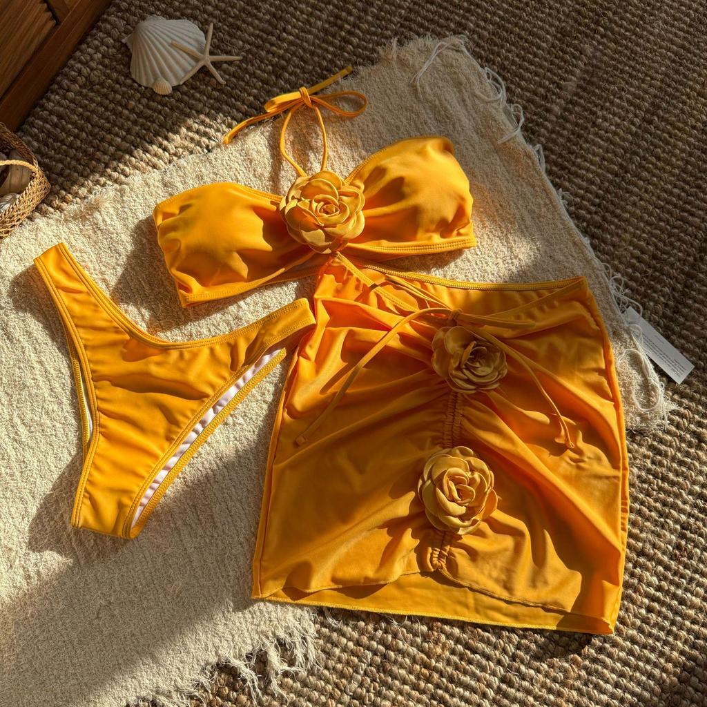 2025 Sexy Rose Sling Solid Color Three-Piece Bikini Set - European & American Style