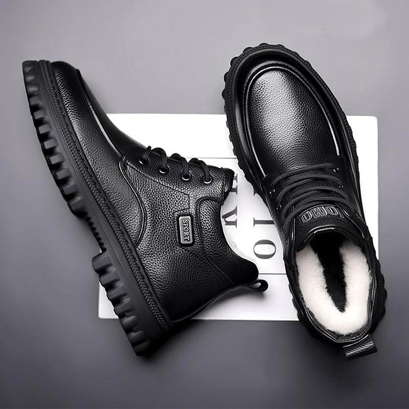 2024 Winter Shoes Men Ankle Boots Fashion Brand Male Footwear Genuine Leather Warm Plush Flat Non-slip Pure Black D230